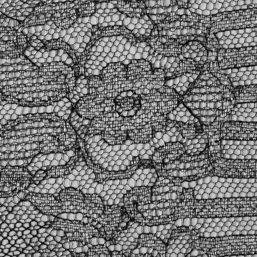 Lace with Scalloped Eyelash Edges - Black and Metallic Silver Striped Floral Detail