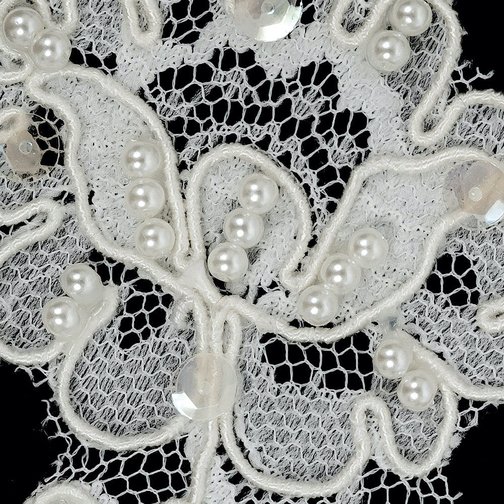 Cream Beaded, Sequined and Corded Lace Applique - 6" Detail