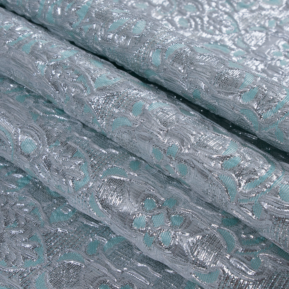 Turquoise/Silver Metallic Floral Brocade - Folded
