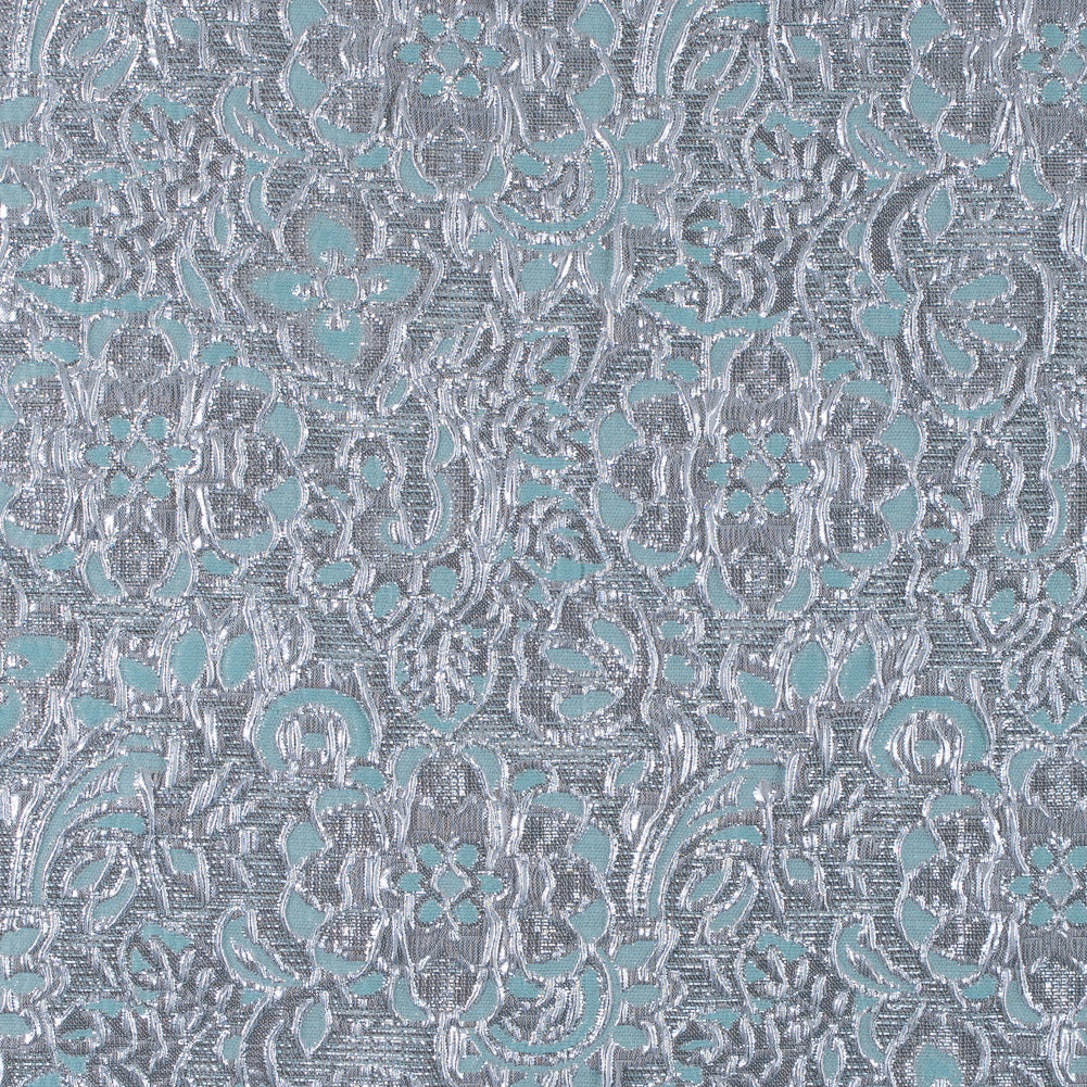 Turquoise/Silver Metallic Floral Brocade