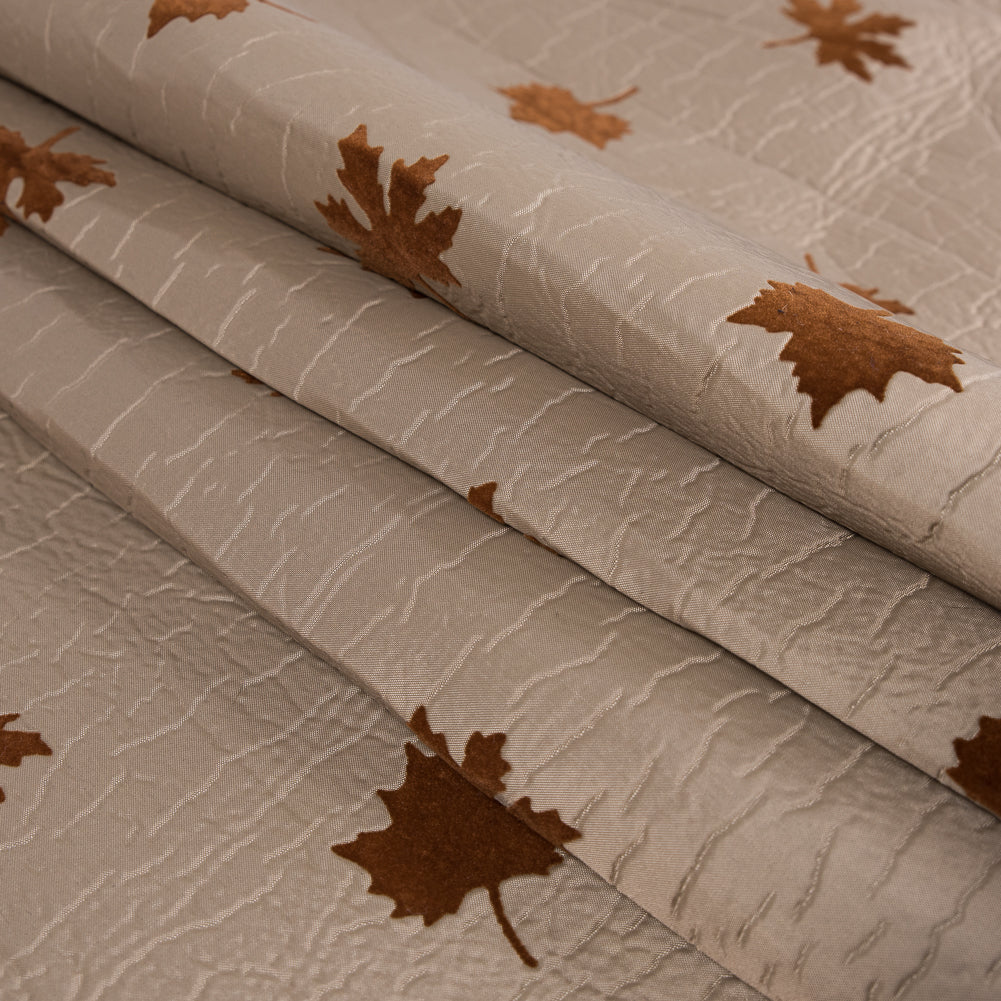 Beige and Gray Fused Double-Cloth Flocked with Brown Leaves Folded