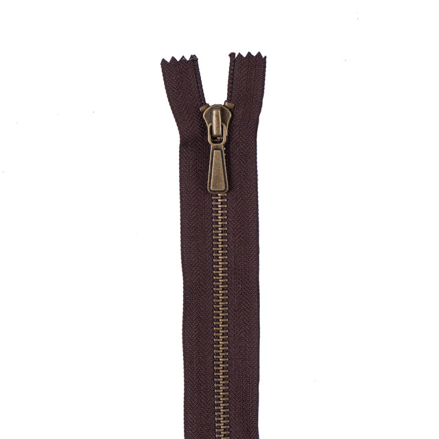 Dark Brown Metal Zipper with Antique Gold Pull and Teeth - 5"