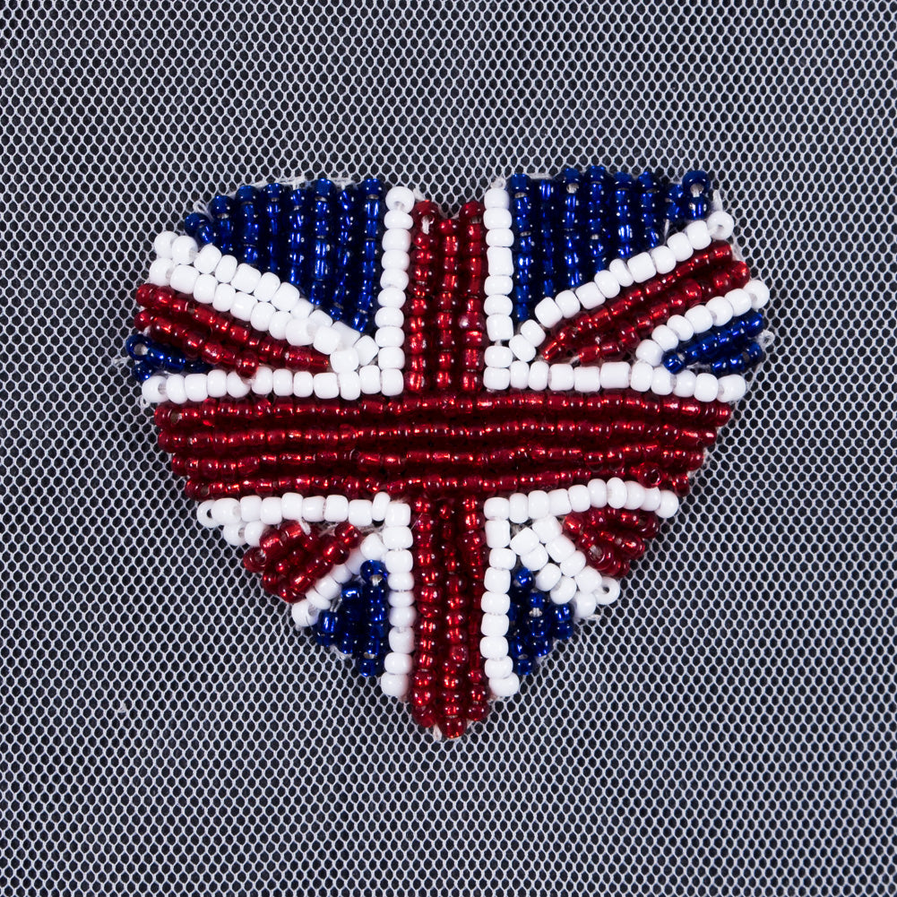 Heart Shaped Union Jack Beaded Applique - 2 x 2 - Detail
