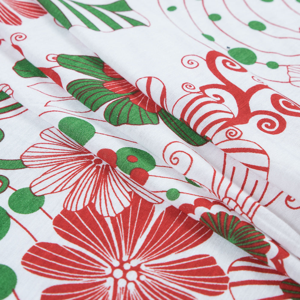 Red, Green and White Christmas-Spirited Floral Cotton Jersey Folded