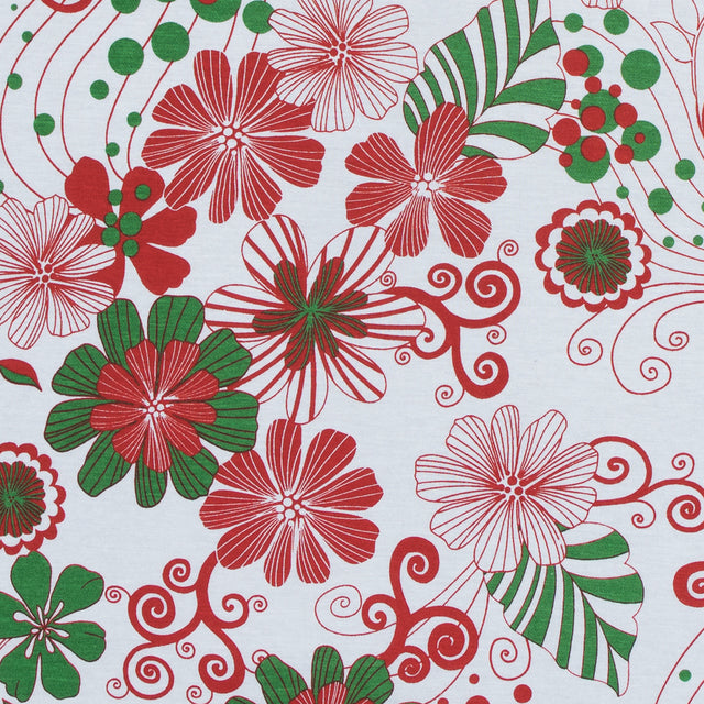 Red, Green and White Christmas-Spirited Floral Cotton Jersey