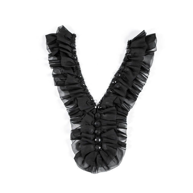 Black Chiffon Beaded Neckline Applique - 14" x 6"