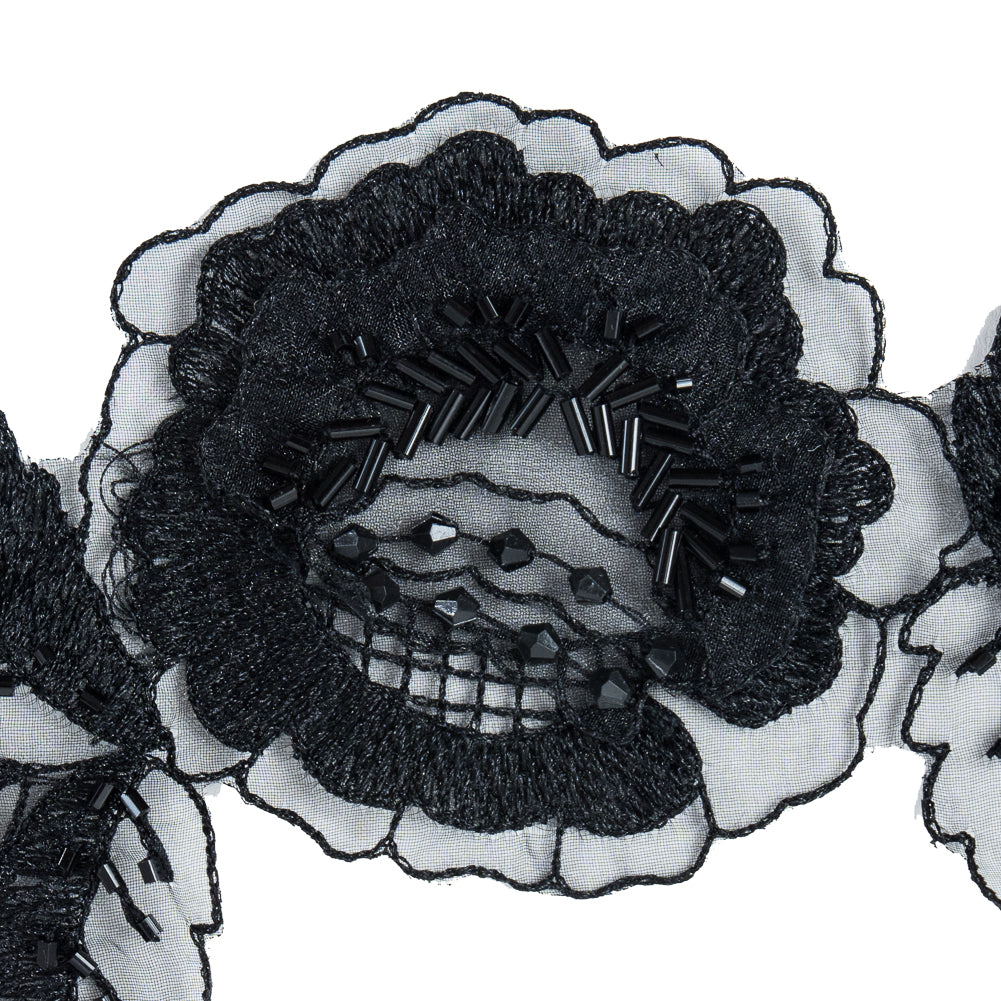 Black Organza Flower with Beads &amp; Embroidery - 4 x 7 - Detail