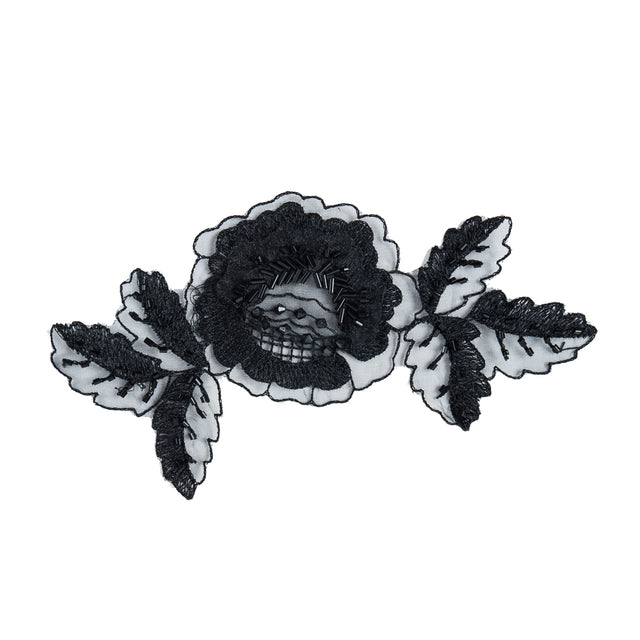 Black Organza Flower with Beads &amp; Embroidery - 4 x 7