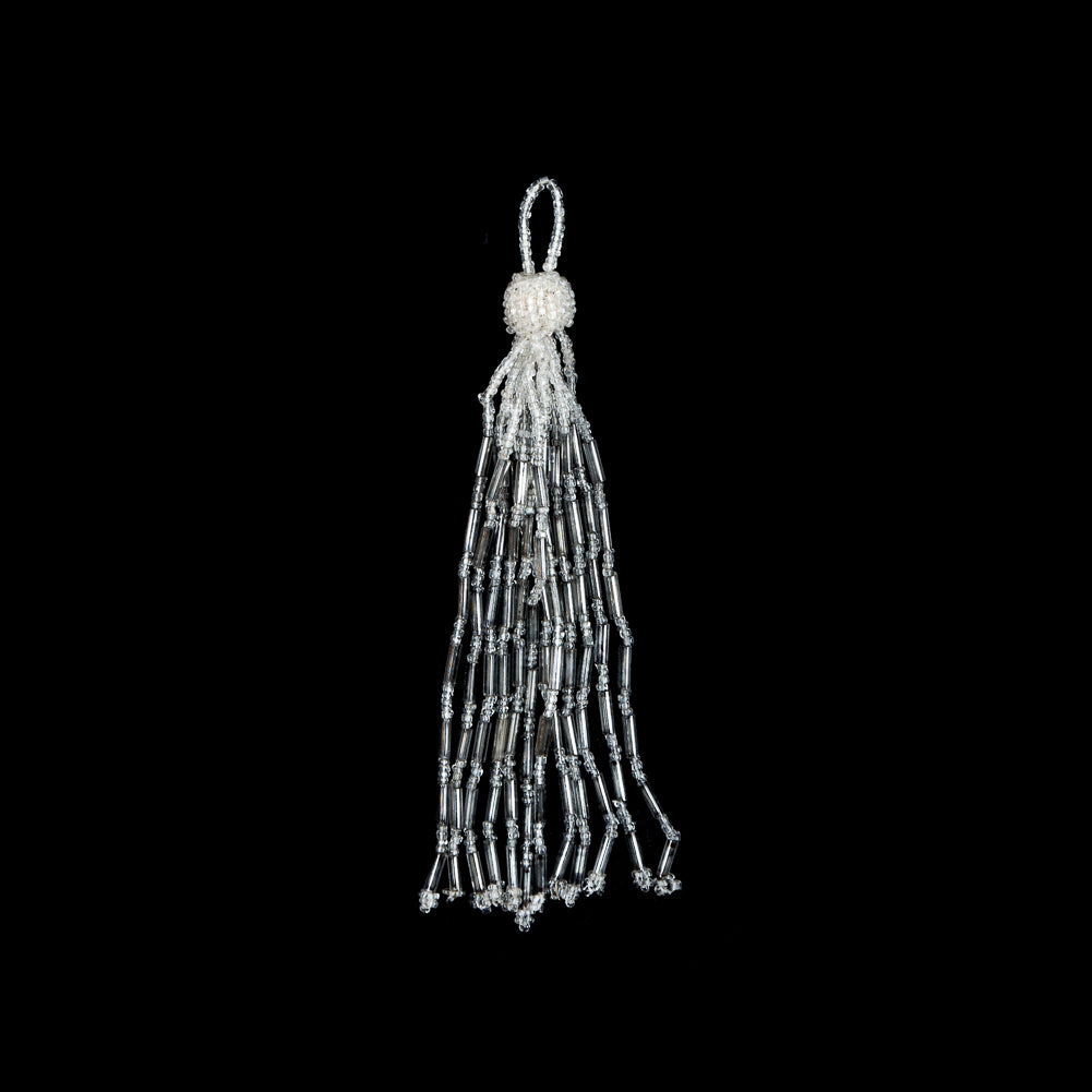 Medium Ivory and Silver Beaded Tassel - 5