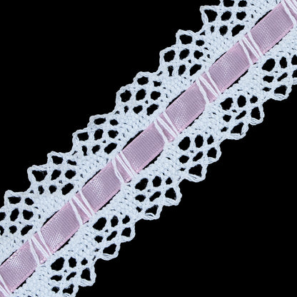 White Crochet Trim with Pink Ribbon - 1.25" Detail