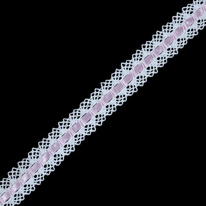 White Crochet Trim with Pink Ribbon - 1.25"