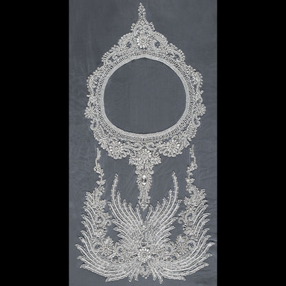 Fancy Silver Beaded Rhinestone Panel on a White Mesh - 37.5" x 19"