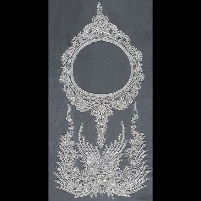 Fancy Silver Beaded Rhinestone Panel on a White Mesh - 37.5" x 19"