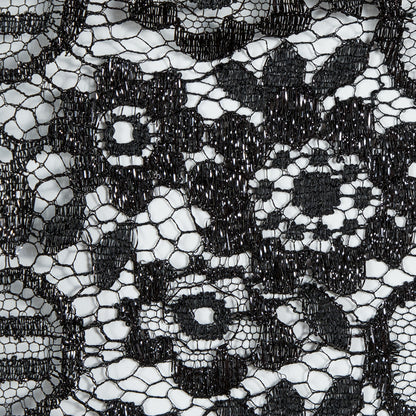 Metallic Lace with Eyelash Fringe Edges - Black Striped Floral - Made in France Detail