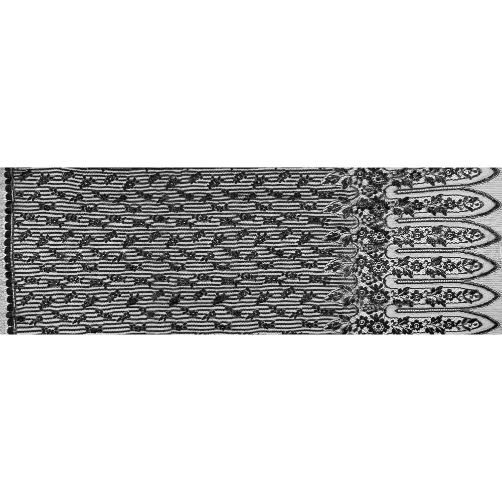 Metallic Lace with Eyelash Fringe Edges - Black Striped Floral - Made in France Full
