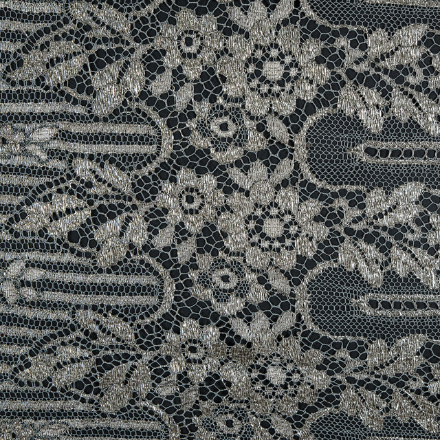 Metallic Lace with Eyelash Fringe Edges - Aqua Gray and Silver Striped Floral - Made in France