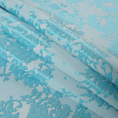 Metallic Bluebird and White Lacey Floral Brocade - Folded
