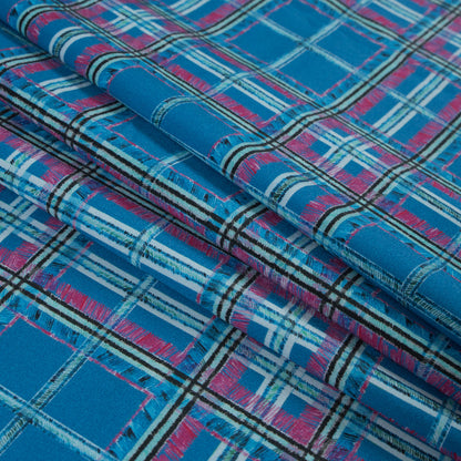 Blue and Pink Plaid Printed Stretch Cotton Sateen - Folded