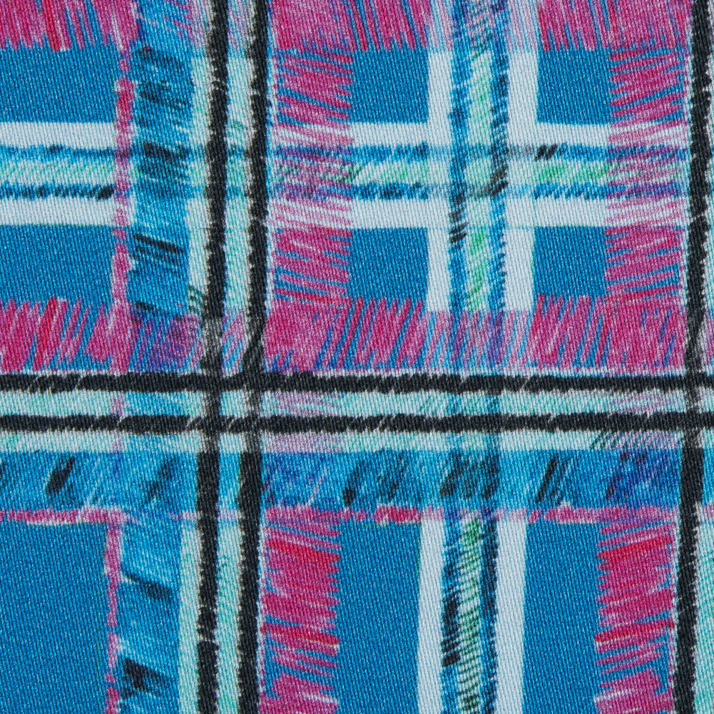 Blue and Pink Plaid Printed Stretch Cotton Sateen - Detail