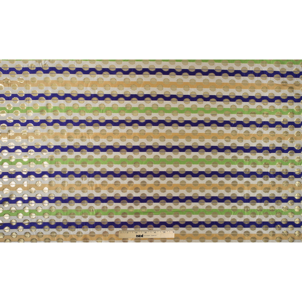 Deep Blue, Jasmine Green and Metallic Gold Polka Dotted and Striped Brocade Full