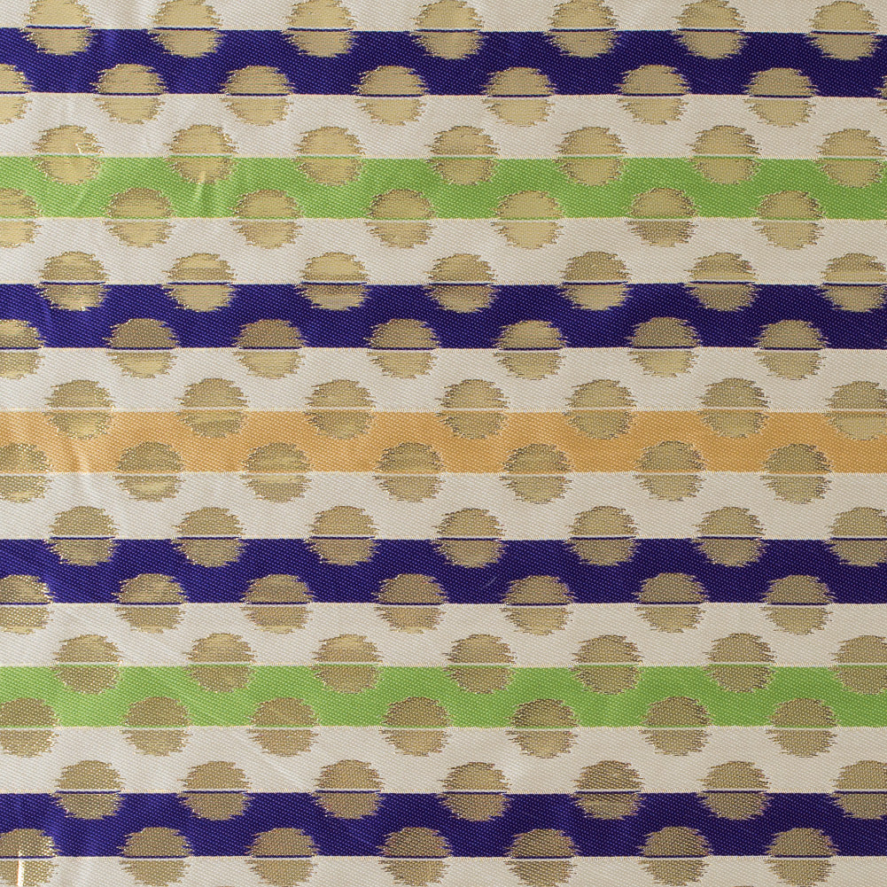 Deep Blue, Jasmine Green and Metallic Gold Polka Dotted and Striped Brocade