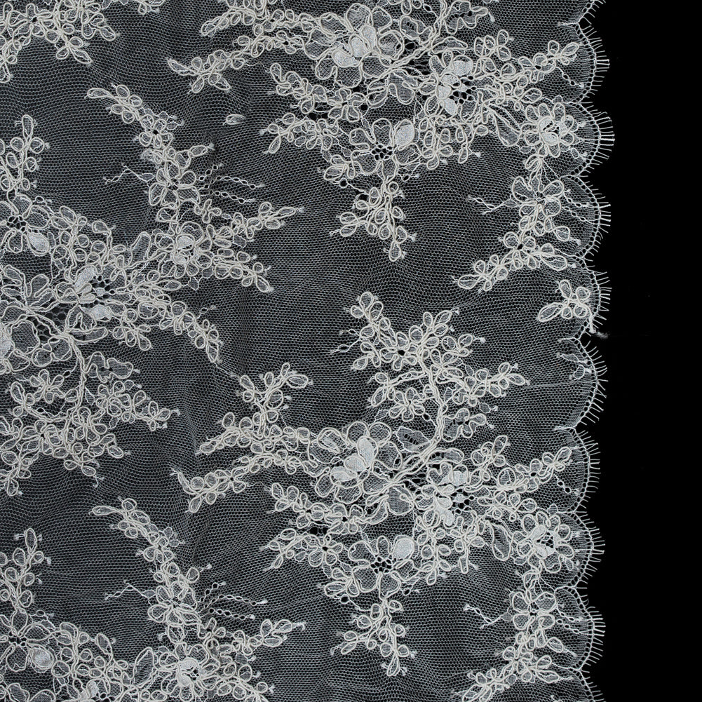 Corded Lace Panel With Finished Edges - Ivory Floral Fancy Border - 3 yards