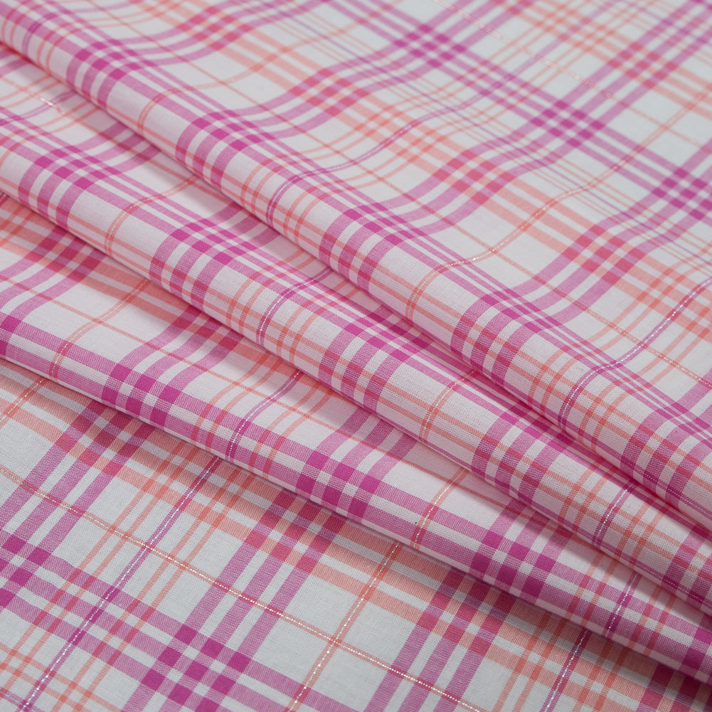 Italian Pink and Orange Metallic Plaid Cotton Voile Detail