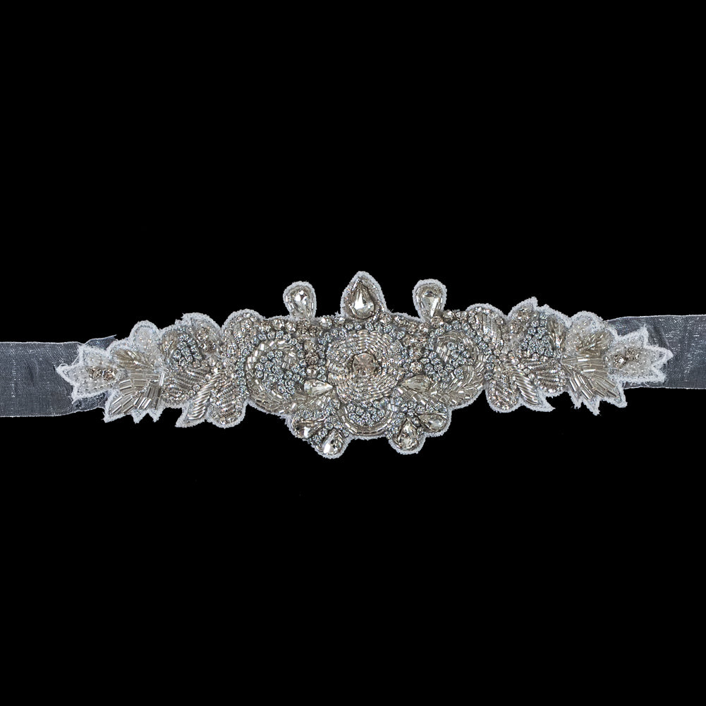 Beaded and Rhinestone Organza Bridal Belt - 2.5" x 8.5" Detail