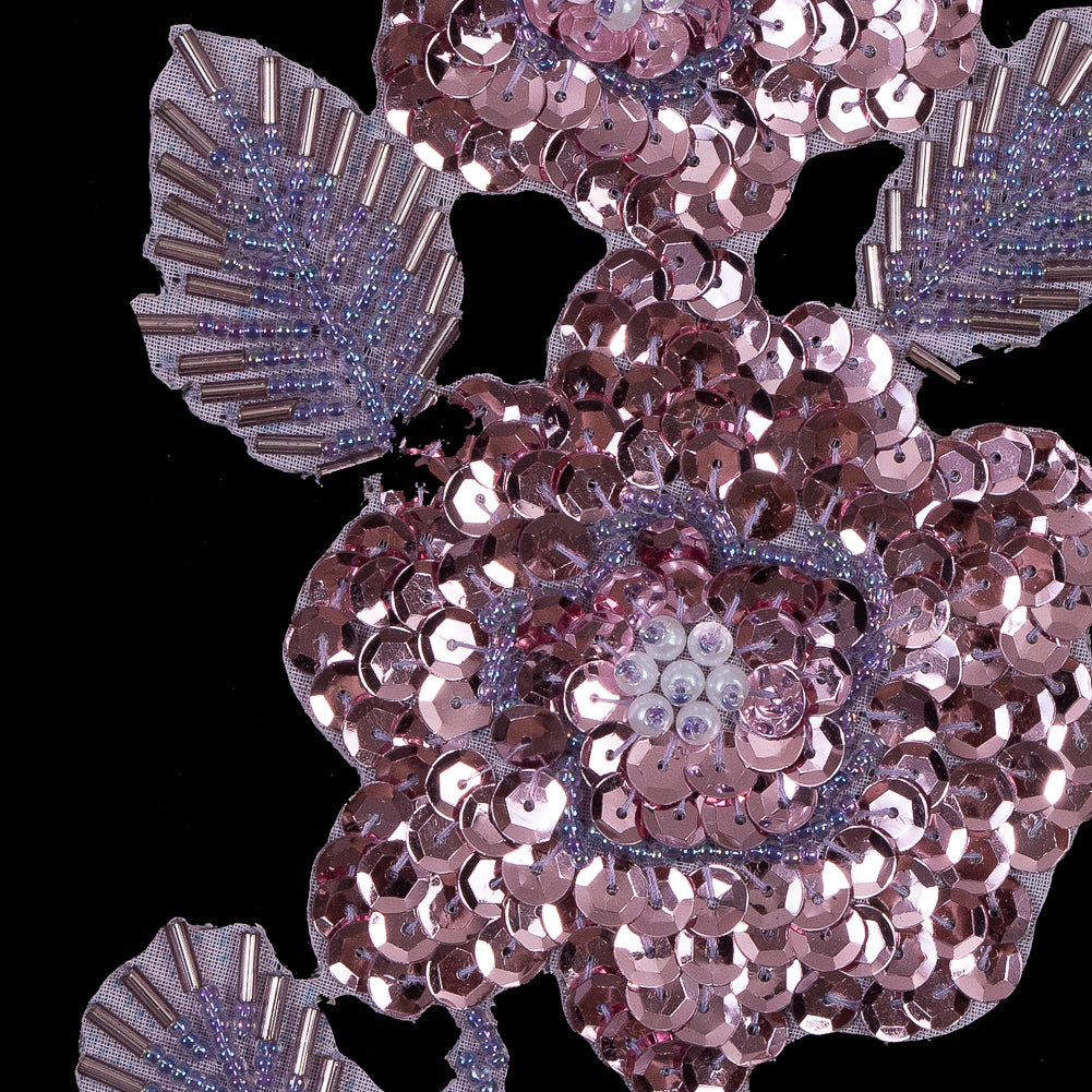 Pink Beaded and Sequined Floral Applique - 8" x 4" Detail