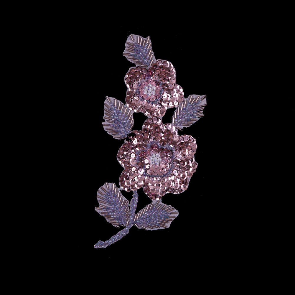 Pink Beaded and Sequined Floral Applique - 8" x 4"