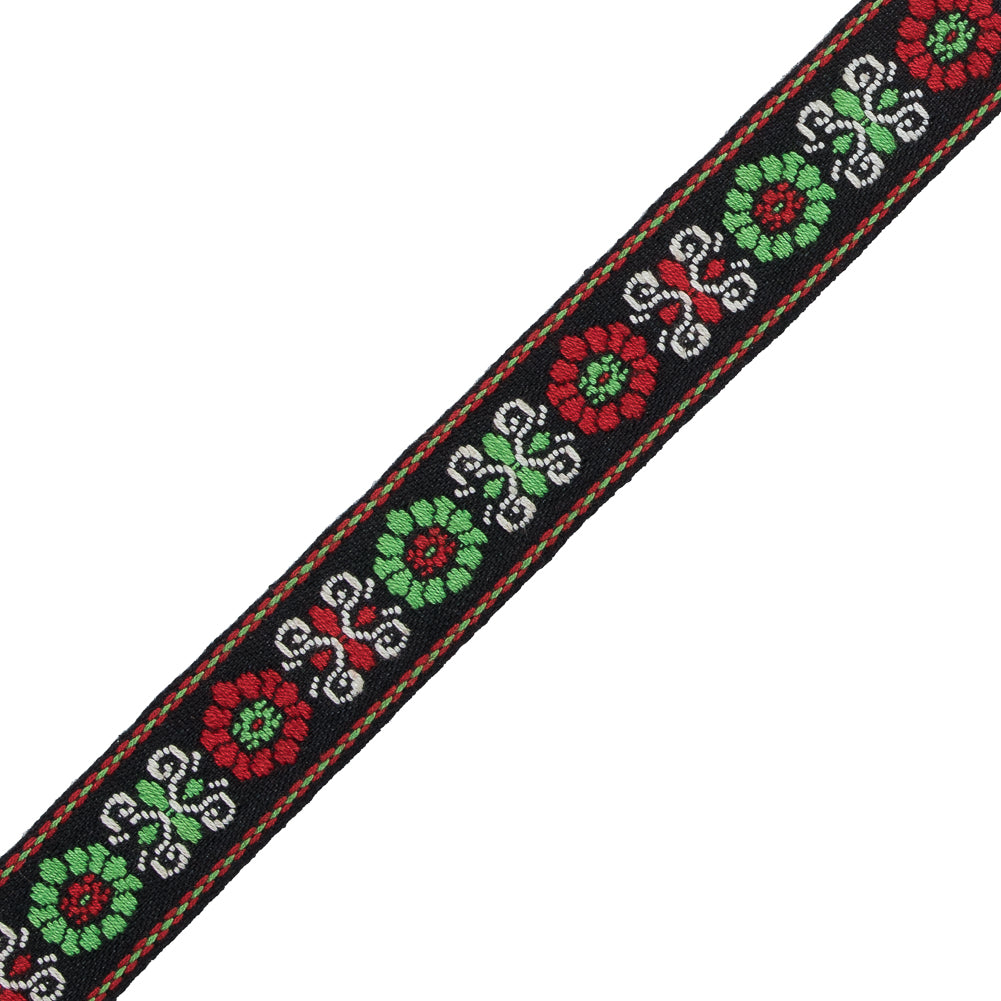 Red and Green Floral German Jacquard Ribbon - 0.75" Detail