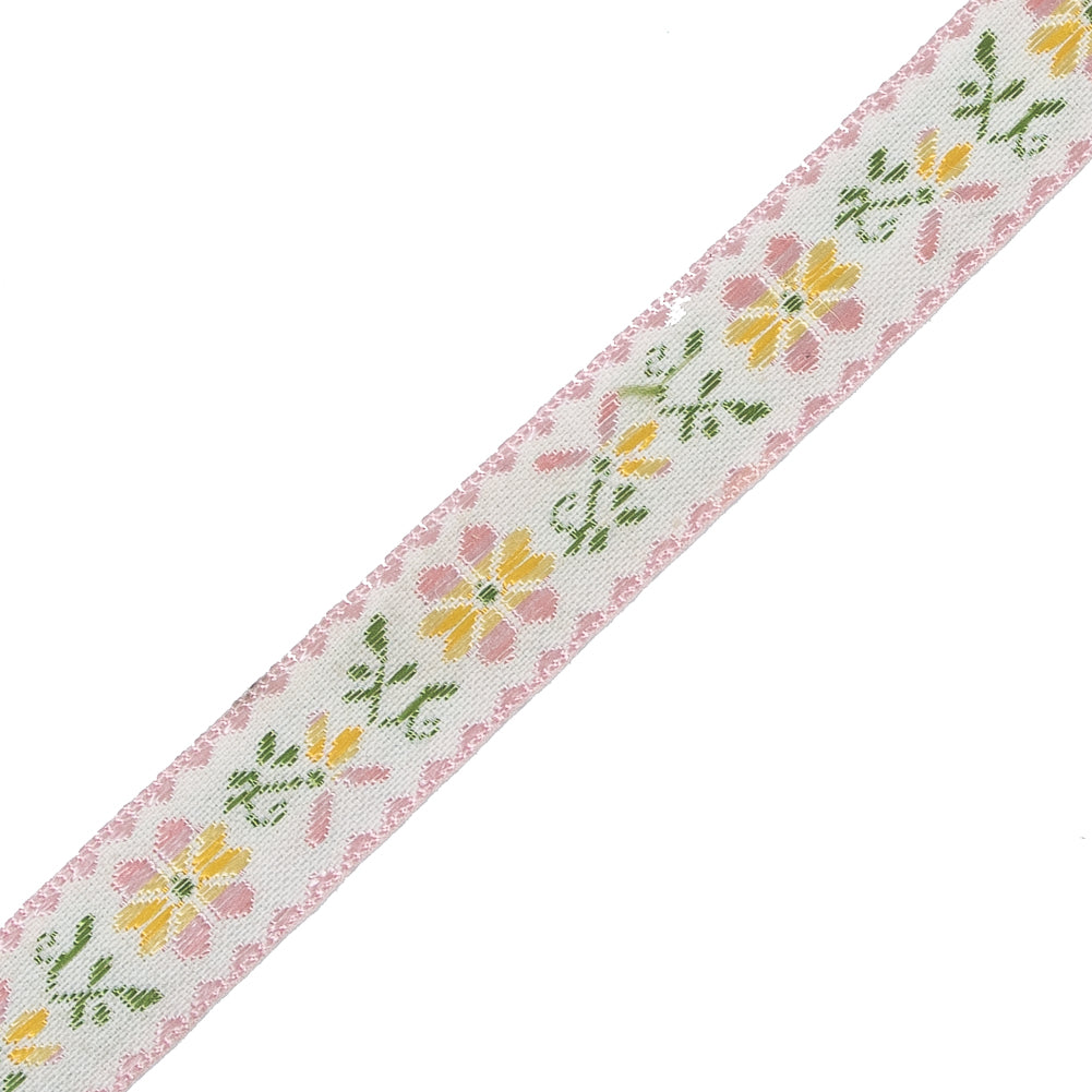 Pink, Yellow and Green Floral German Jacquard Ribbon - 0.625" Detail