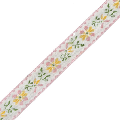 Pink, Yellow and Green Floral German Jacquard Ribbon - 0.625" Detail