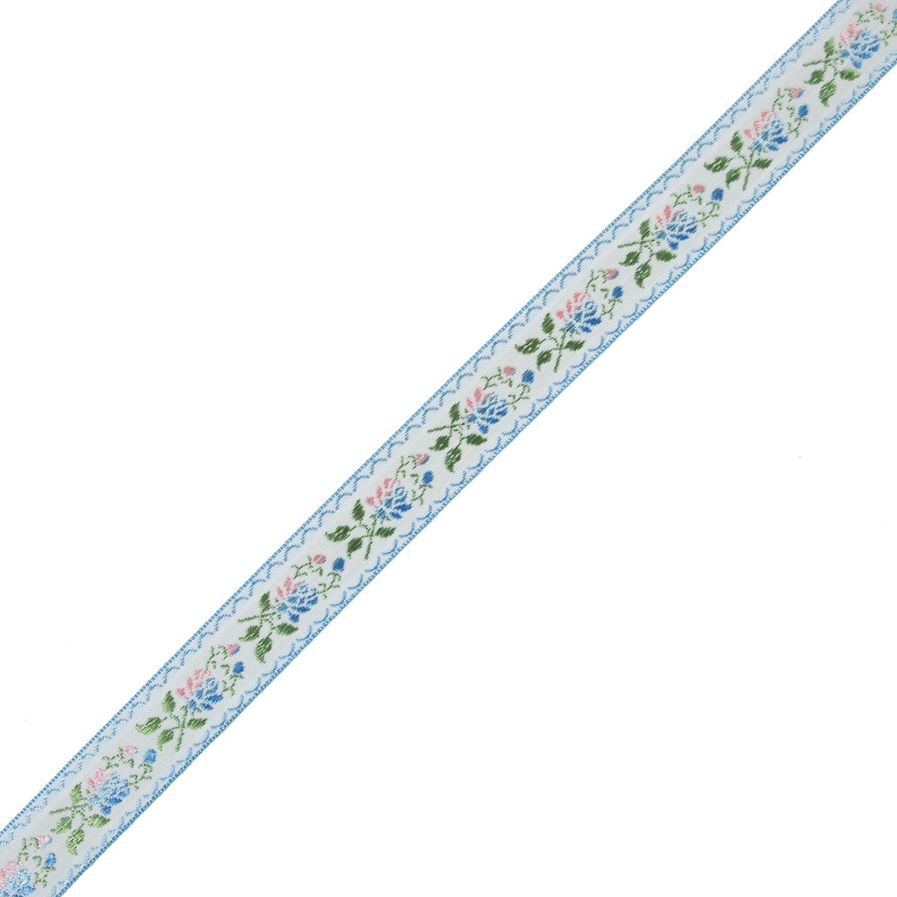 Blue, Green and Pink Floral German Jacquard Ribbon - 0.875"