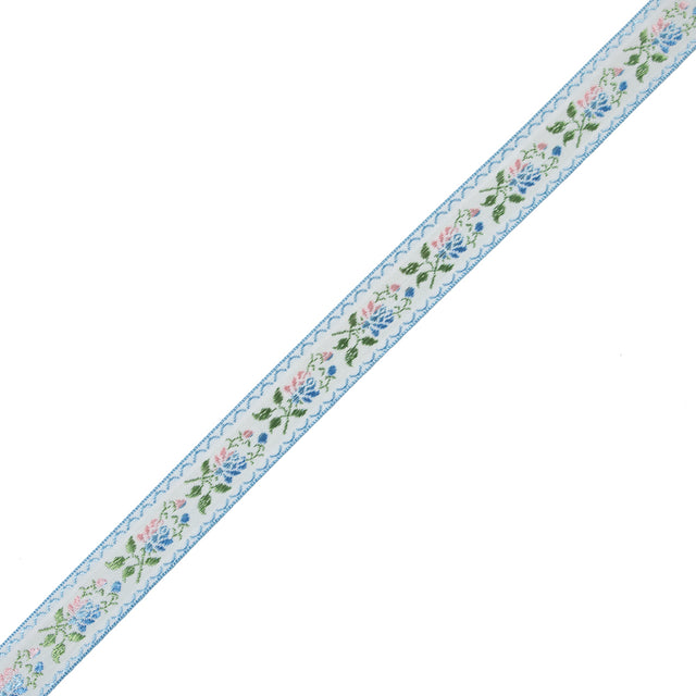 Blue, Green and Pink Floral German Jacquard Ribbon - 0.875"