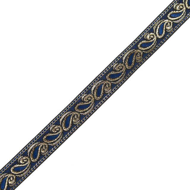 Blue and Metallic Gold Paisley Jacquard Ribbon - 1"