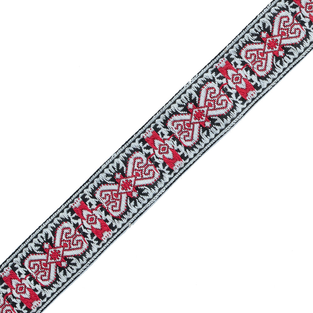 Red and White Geometric German Jacquard Ribbon - 1" - Detail