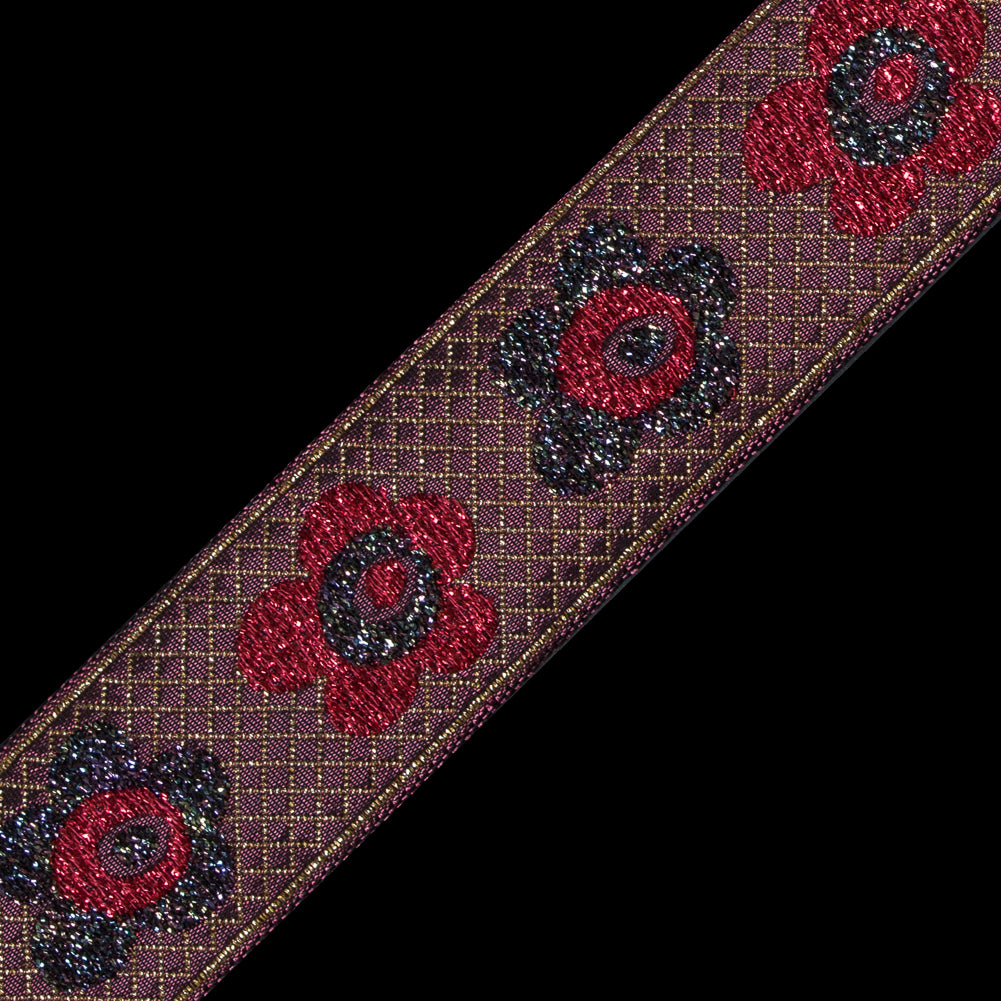 Red and Iridescent Metallic Floral Jacquard Ribbon - 1.25 - Detail