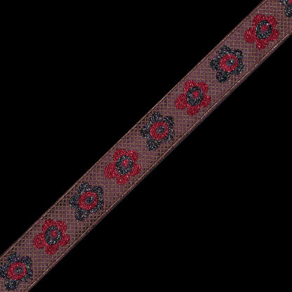 Red and Iridescent Metallic Floral Jacquard Ribbon - 1.25