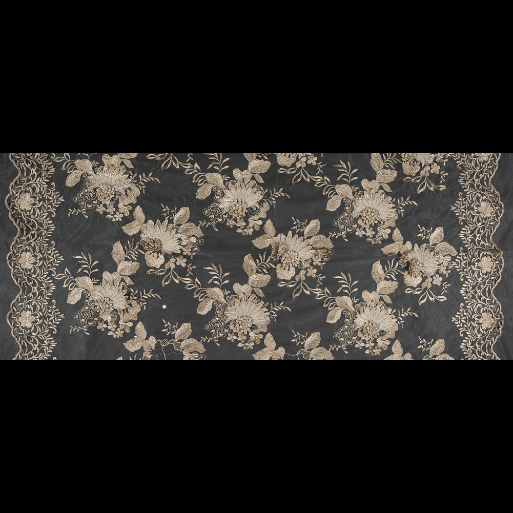 Metallic Gold 3D Floral Embroidered Mesh - Folded
