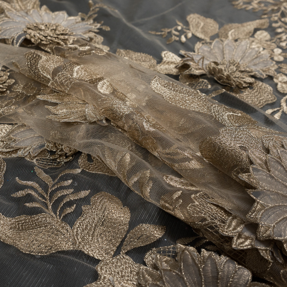 Metallic Gold 3D Floral Embroidered Mesh - Detail