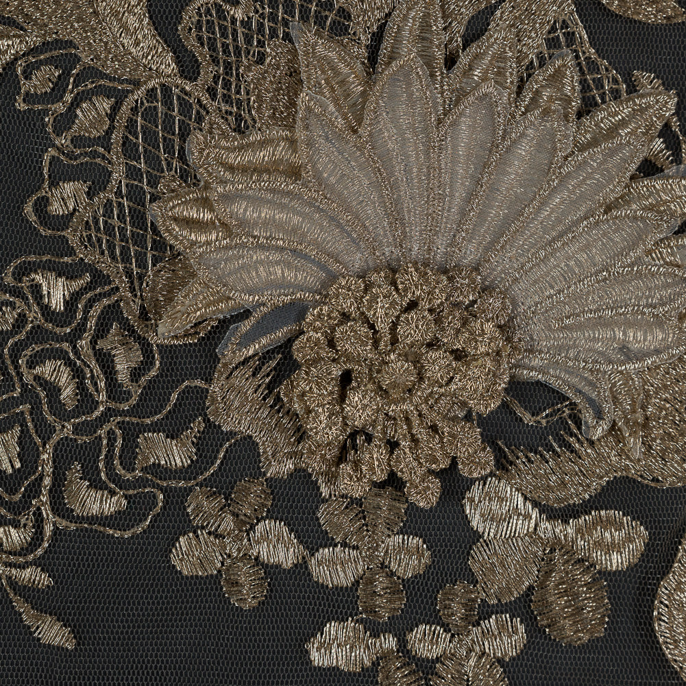 Metallic Gold 3D Floral Embroidered Mesh - Full