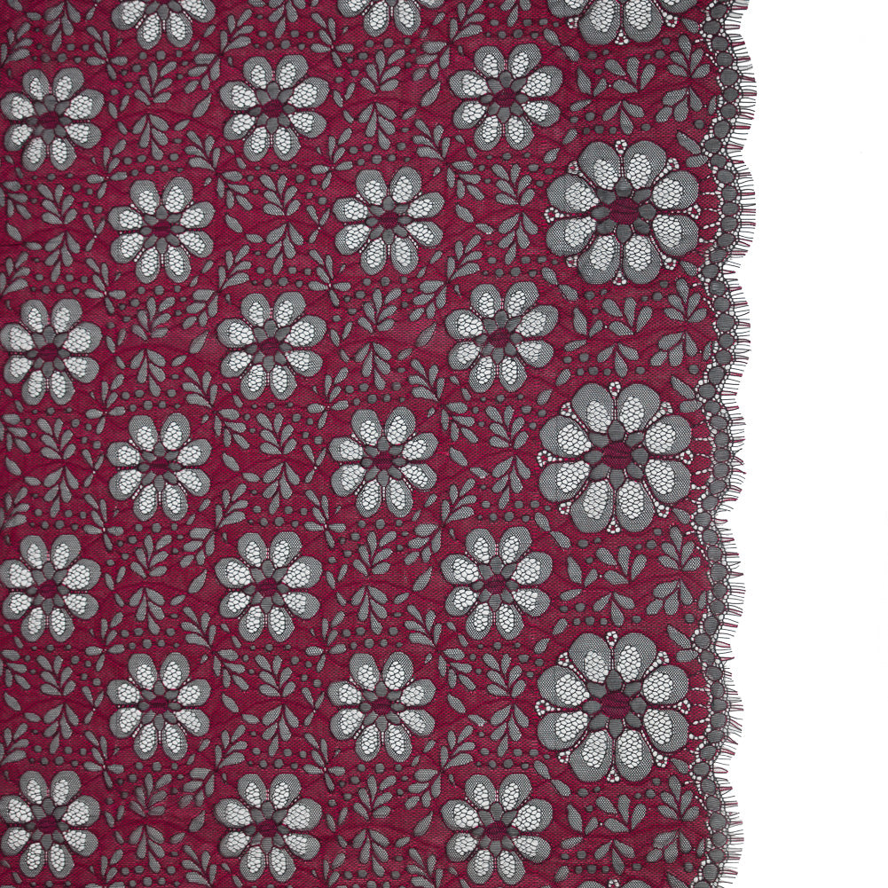 Lace with Scalloped Eyelash Edges - Black and Fuchsia Two-Tone Sunflowers