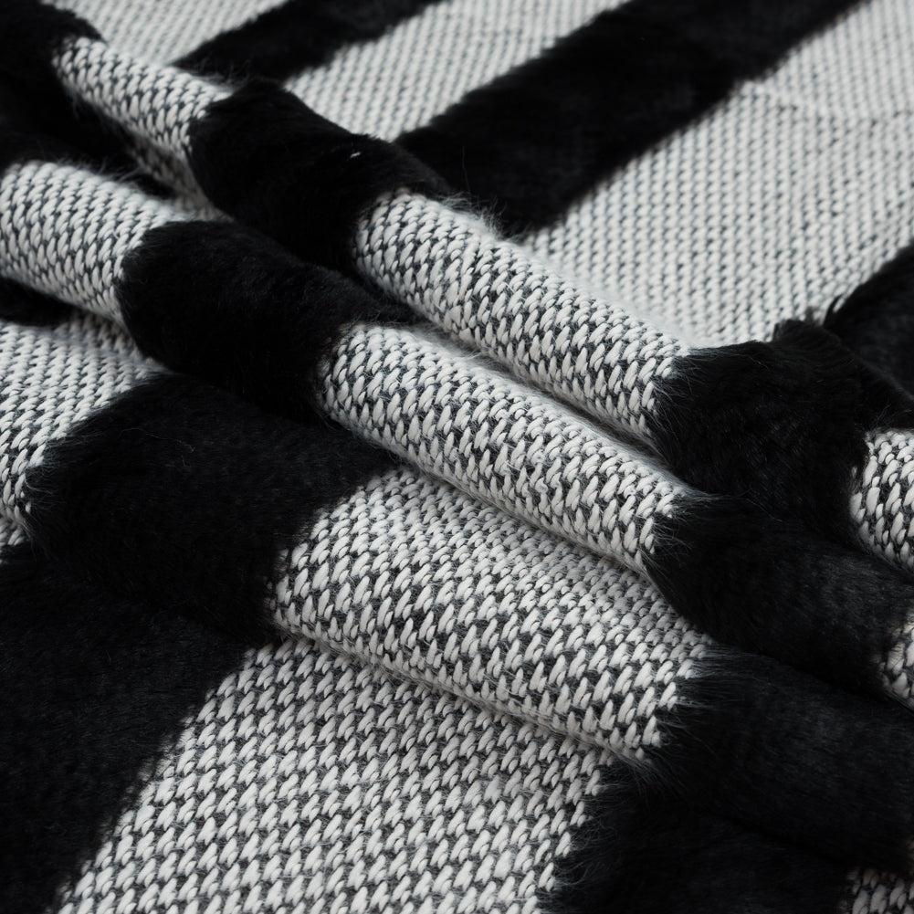 Novelty Black And White Cotton Knit with Black Faux Fur Awning Stripes Folded
