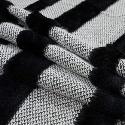Novelty Black And White Cotton Knit with Black Faux Fur Awning Stripes Folded