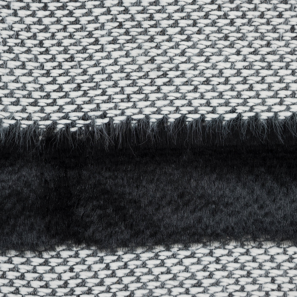 Novelty Black And White Cotton Knit with Black Faux Fur Awning Stripes Detail