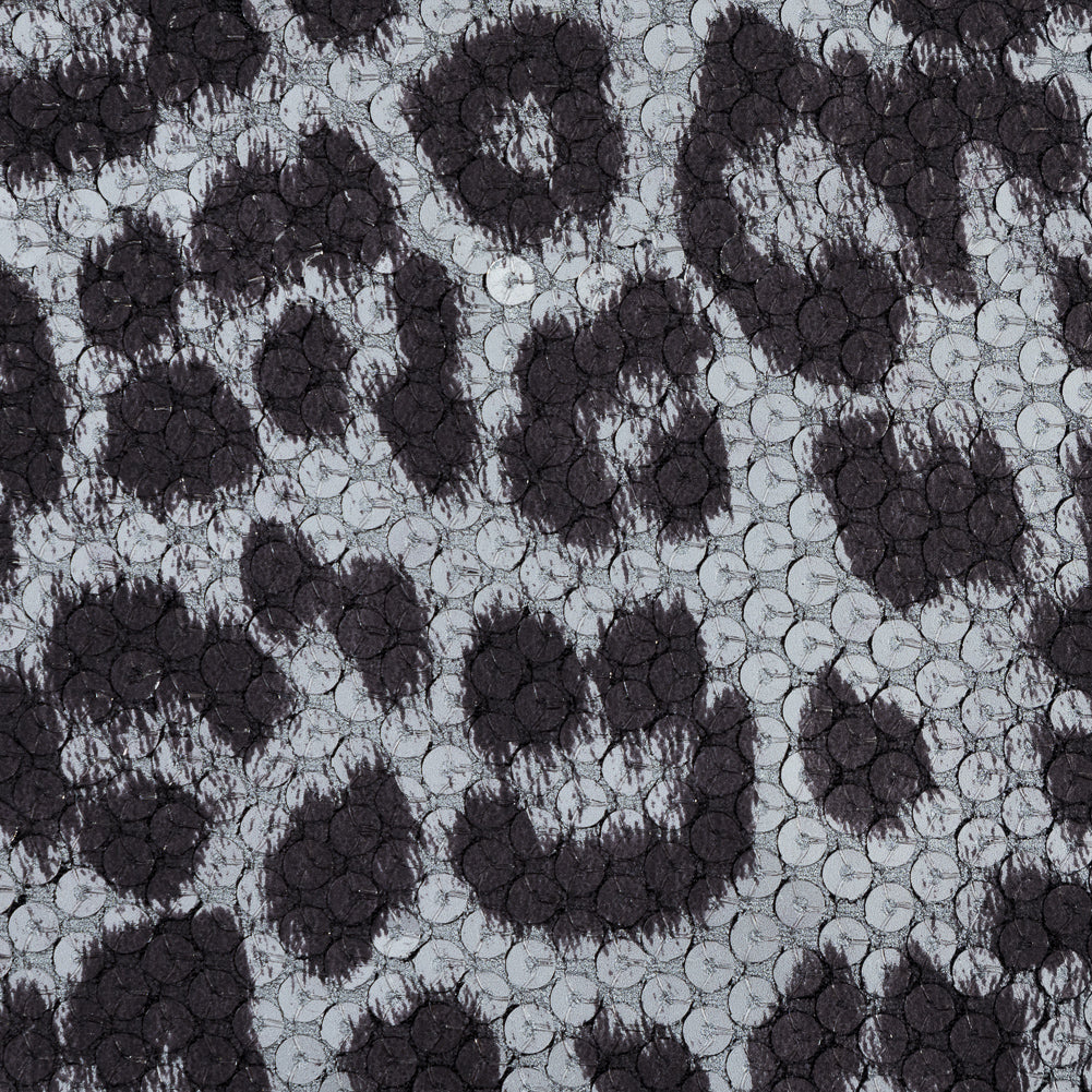 Knit Fabric with Snow Leopard Foil and Circle Sequins - Black and White on Black Detail