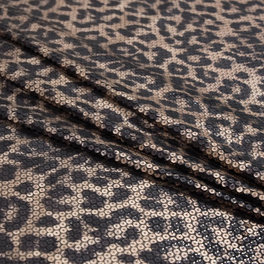 Knit Fabric with Snow Leopard Foil and Circle Sequins - Beige and Black on Black Folded