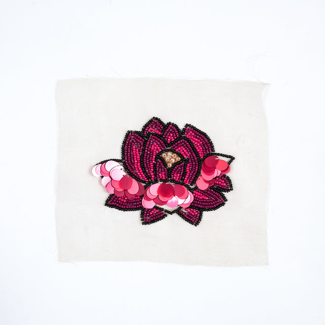 Italian Pink Beaded Sequin Lotus Flower Applique - 4.5"