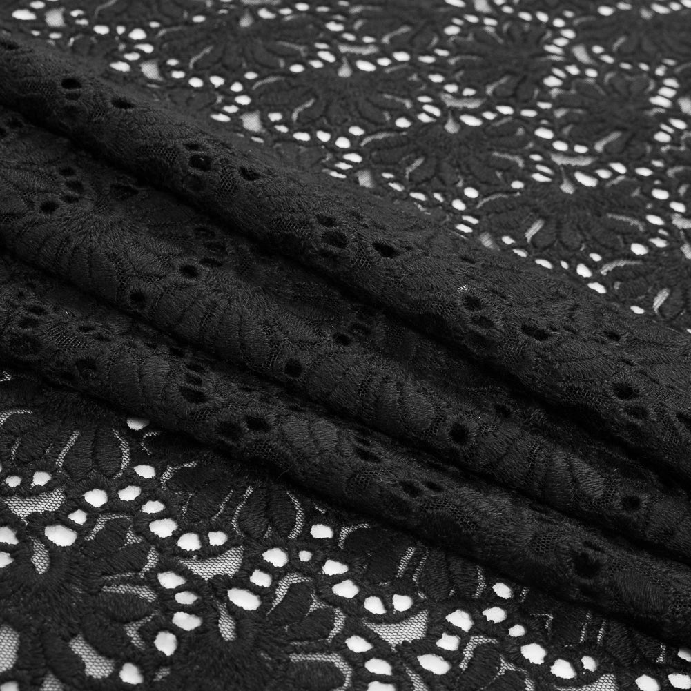 Black Floral Partially Netted Lace Folded